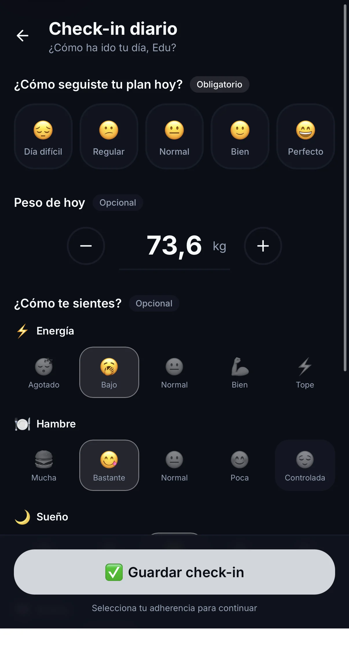 Un check-in en menos de un minuto — pantalla real de la aplicación AP