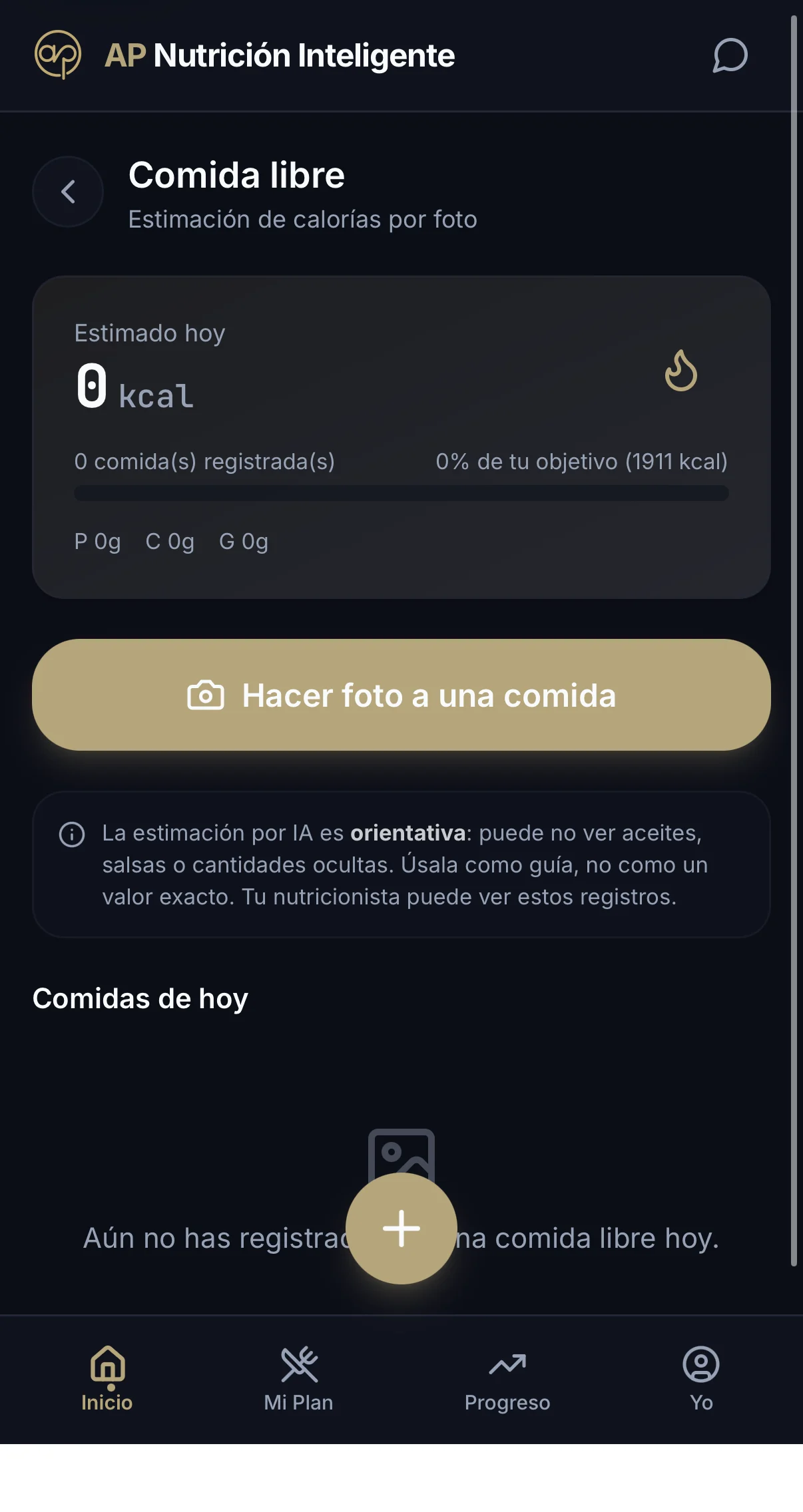 Una comida libre, estimada por foto — pantalla real de la aplicación AP