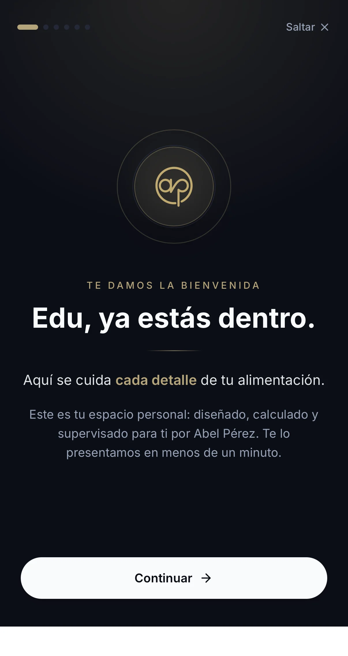 Pantalla de bienvenida de la aplicación AP con el plan diseñado, calculado y supervisado por el nutricionista