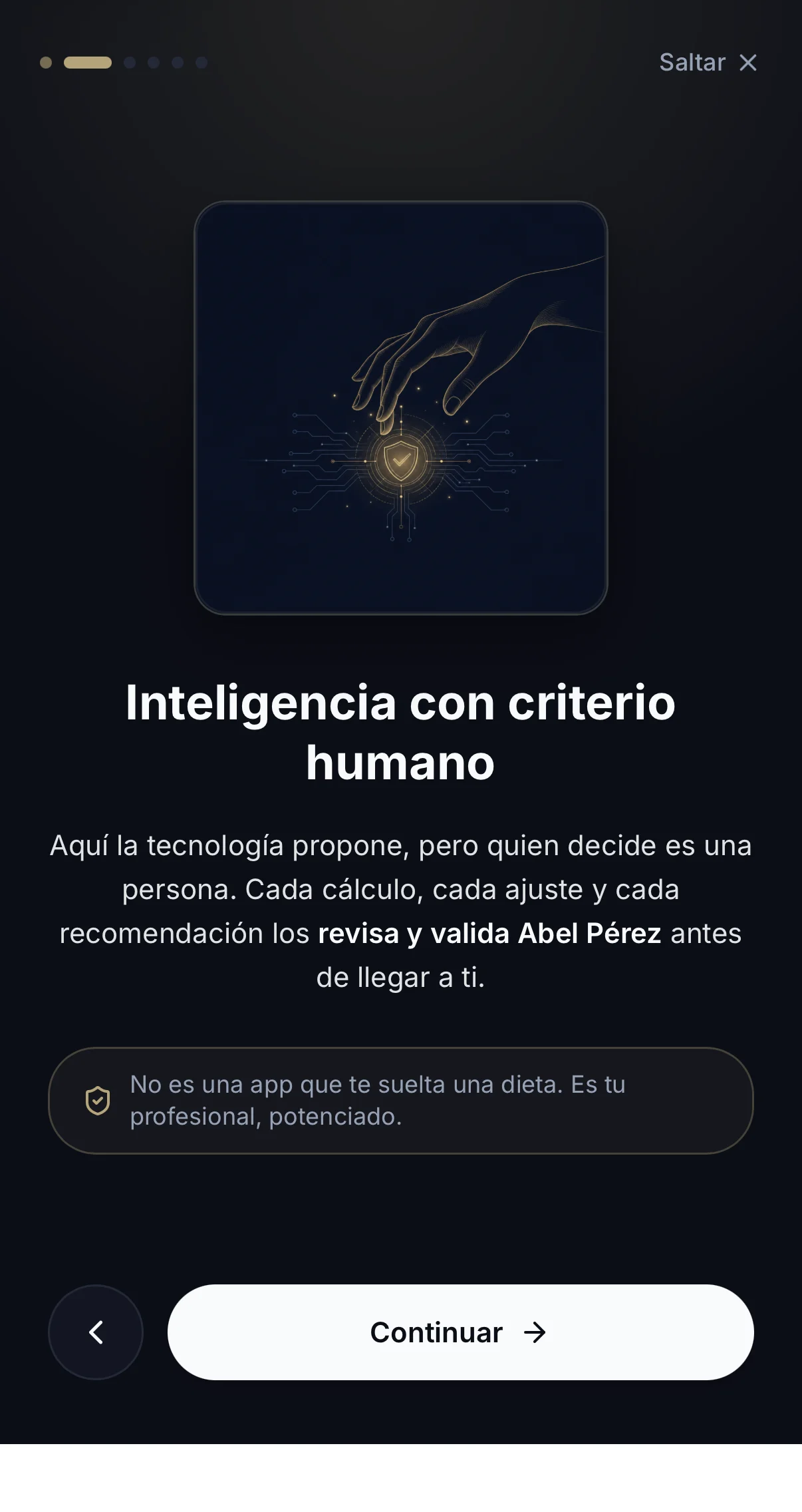 Pantalla de la aplicación AP que explica que la tecnología propone pero el profesional del equipo revisa y valida cada cálculo