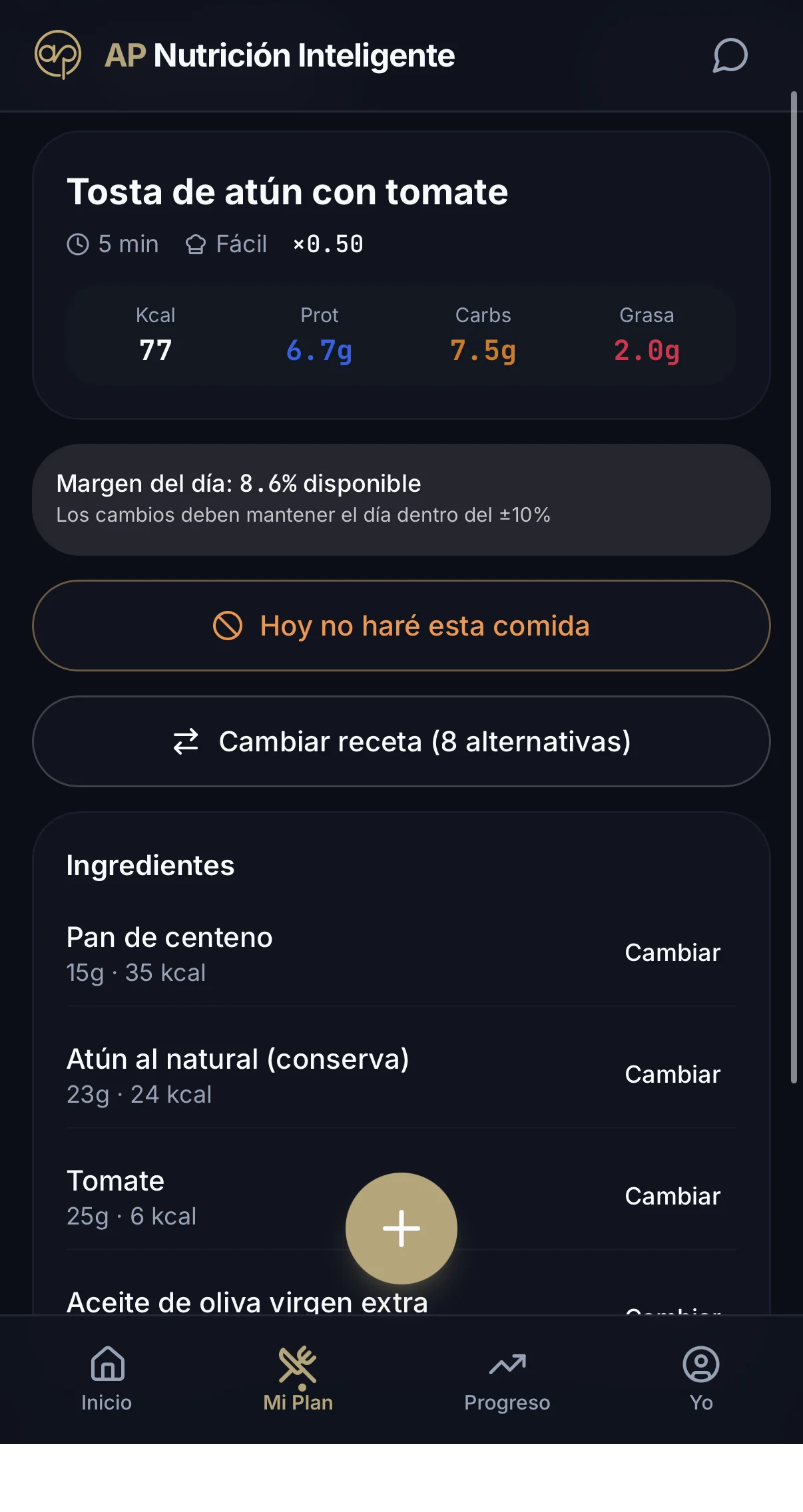 Tu plan diario, receta a receta — pantalla real de la aplicación AP