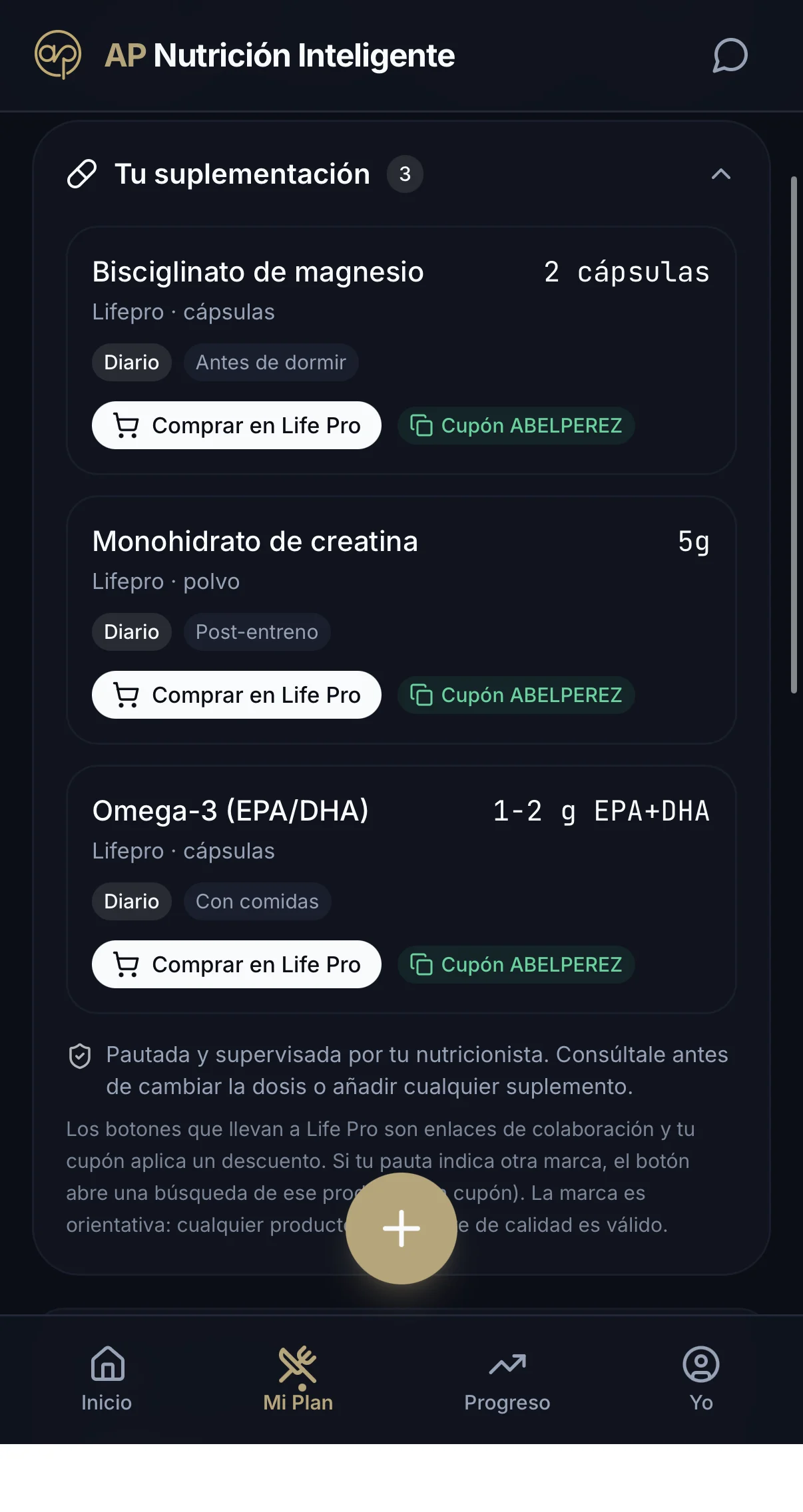 Suplementación pautada y supervisada — pantalla real de la aplicación AP